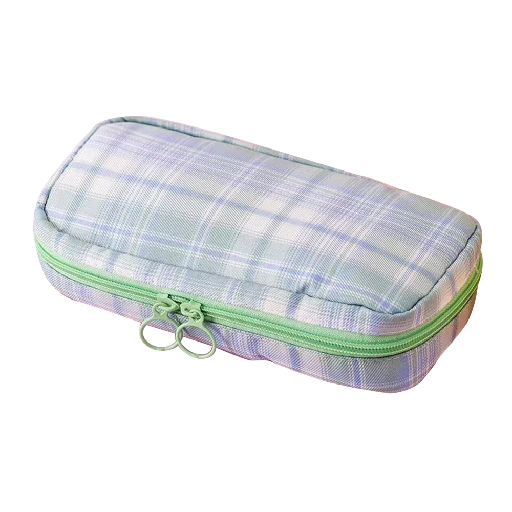 Large Pen Bag Simple Plaided Canvas Mesh Pockets Smoothing Zipper Large Pencil Case for School Office Travel Green Tree