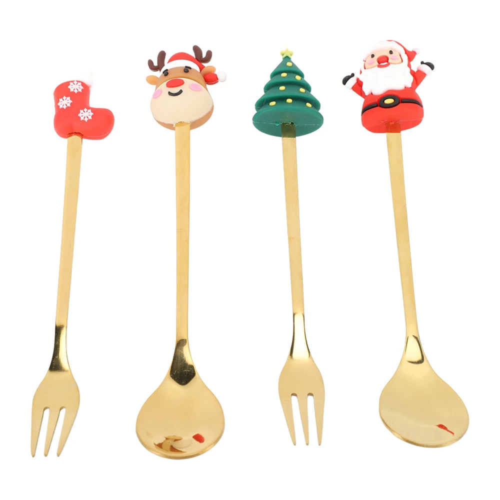 Christmas Spoons Forks Stainless Steel Cute Stylish Christmas Tableware Set for Coffee Tea Dessert Gold 4pcs