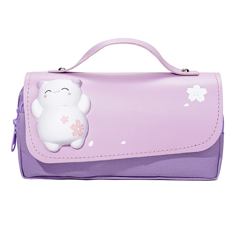 3D Cat Pencil Case Large Capacity Attractive Cute Pencil Bag Pen Pouch with Handle for Stress Relief Purple