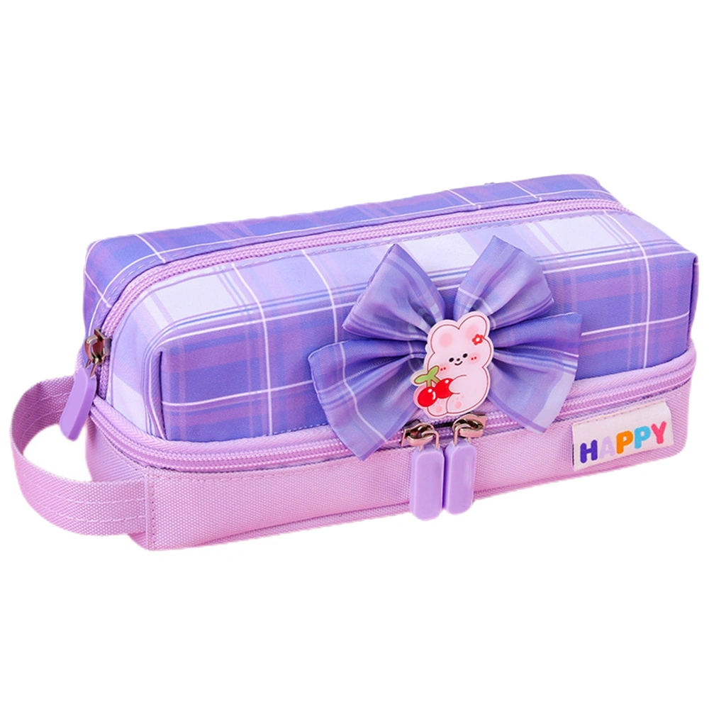 Pencil Case Large Capacity Layered Storage Bow Decoration Oxford Cloth Pencil Box Stationery Case for Girls School Purple