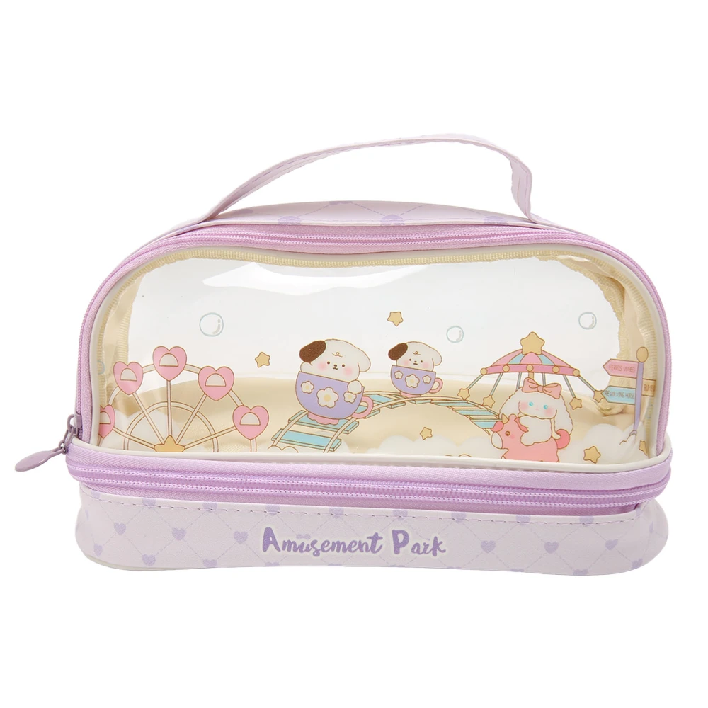 Clear Pencil Case Double Layer Large Capacity Portable Cute Cosmetic Bag Pen Pouch with Handle for Girls Purple