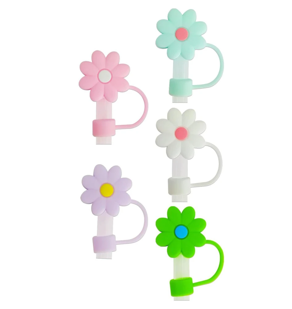 Flower Straw Cover Cap Cute Food Grade Silicone Rustproof Leakproof Straw Topper Straw Tip Cover Set 3