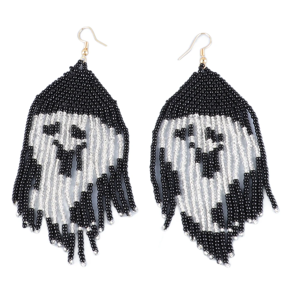 Long Beaded Tassel Earrings Ghost Pattern Handcraft Colorfast Lightweight Beaded Dangle Earrings for Women Halloween