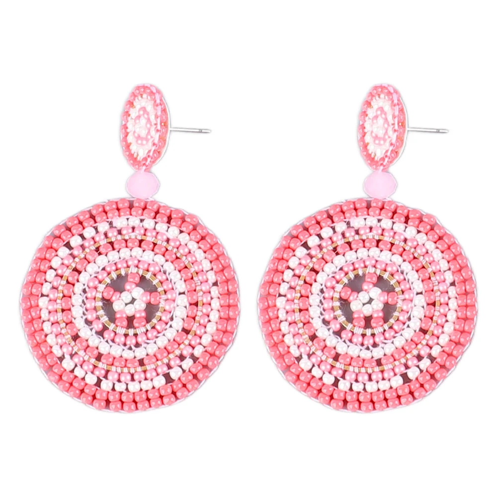 1 Pair Seed Bead Earrings Retro Ethnic Style Lightweight Handcraft Circle Colorfast Beaded Drop Earrings for Girls Women Pink Colorful