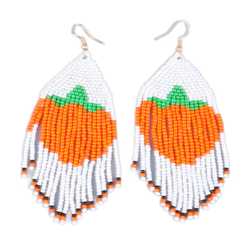 1 Pair Long Beaded Tassel Earrings Handcraft Cute Pumpkin Lightweight Beaded Dangle Earrings for Halloween Daily Wear