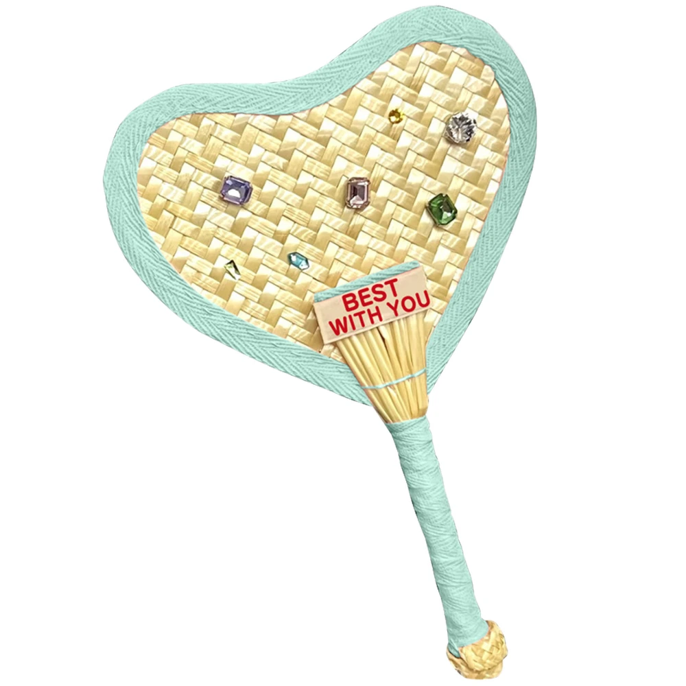 Hand Woven Fan Handcrafted Heart Shape Cute Crystals Durable Portable Handheld Bamboo Fan for Party Travel Office Green