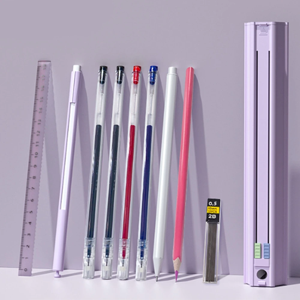 Hexagonal Pen Holder Multifunctional Students Stationery Case Set with Gel Pens Pencils Ruler Eraser Purple