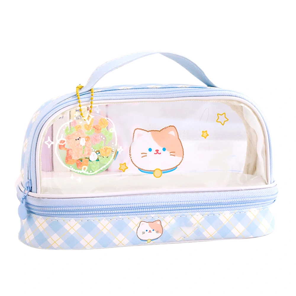 Waterproof Pencil Pen Case Cartoon Cute Transparent Stationary Bag with Zipper for School Students Makeup Travel Blue Cat