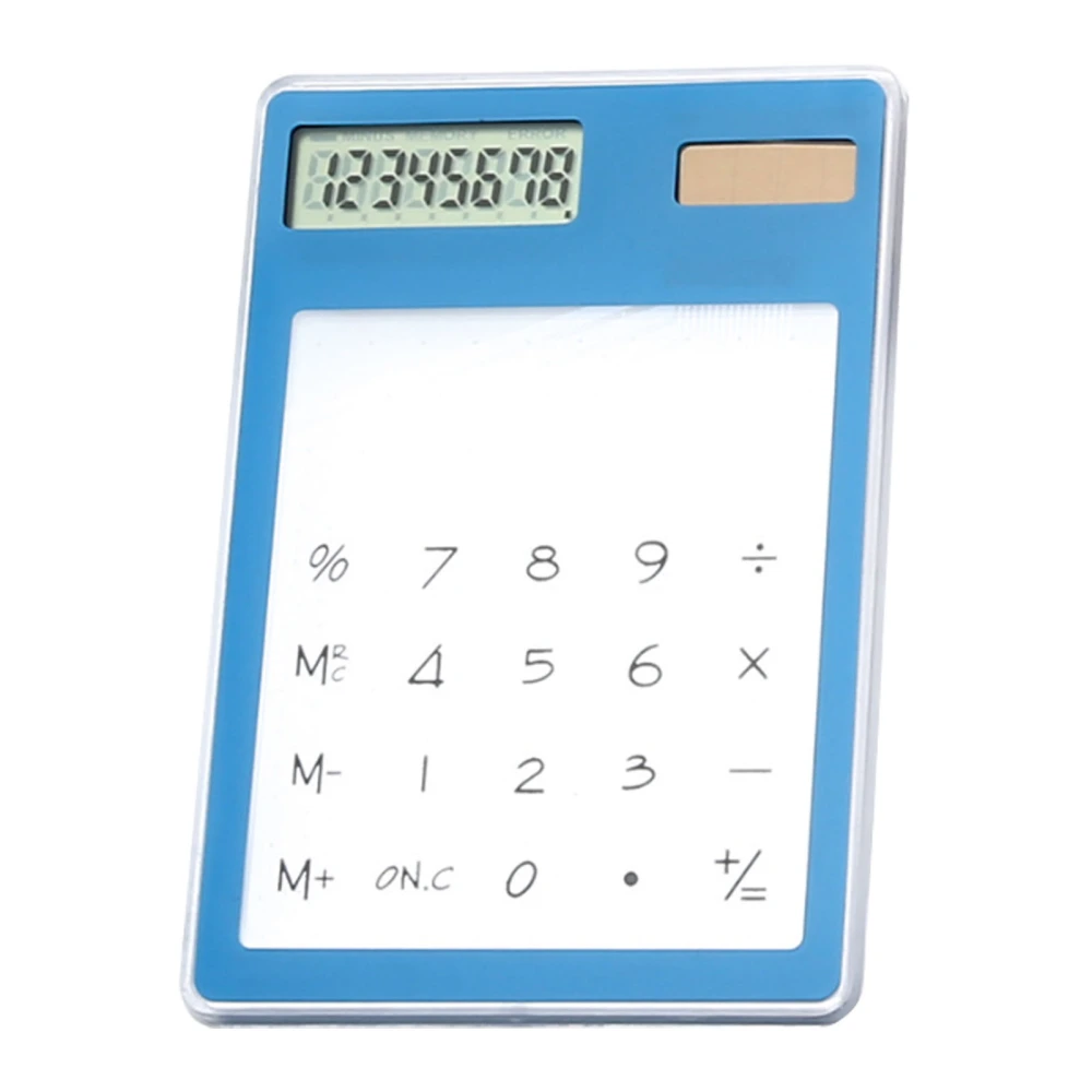 Solar Powered Calculator Touch Screen 8 Digit LCD Display Portable Transparent Calculator for Office School Home Blue