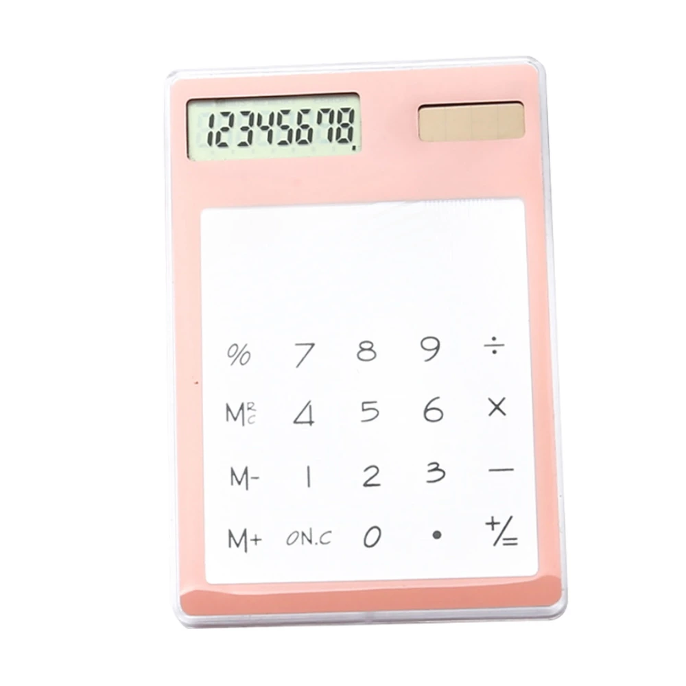 Solar Powered Calculator Touch Screen 8 Digit LCD Display Portable Transparent Calculator for Office School Home Pink