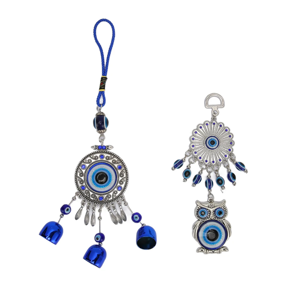 2pcs Blue Eye Owl Ornament Good Luck Attract Wealth Fashionable Car Mirror Decor Hanging for Wall Bed Posts Window