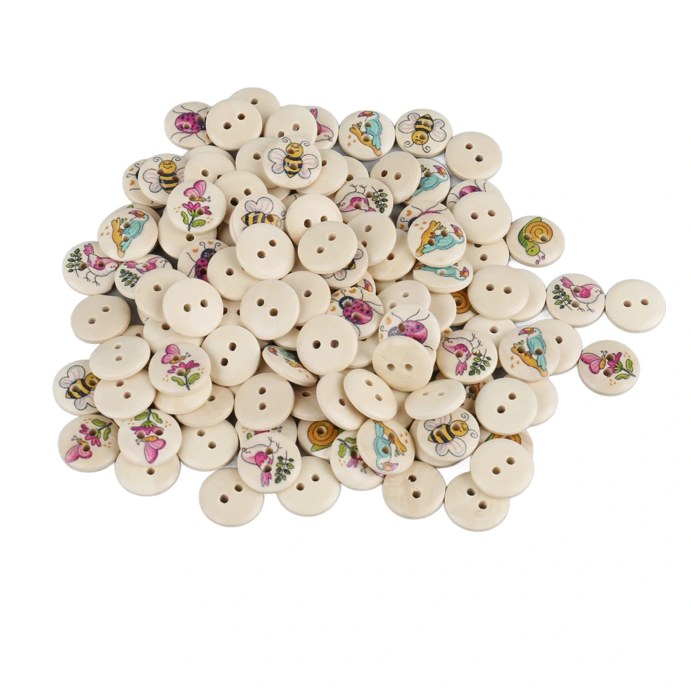 100pcs 0.6 Inch Mixed Printed Wooden Buttons DIY Handicraft Buttons Decorative Round Buttons for Sewing Craft Log Color Bees Butterflies Flowers and Plants 100pcs 0.6in