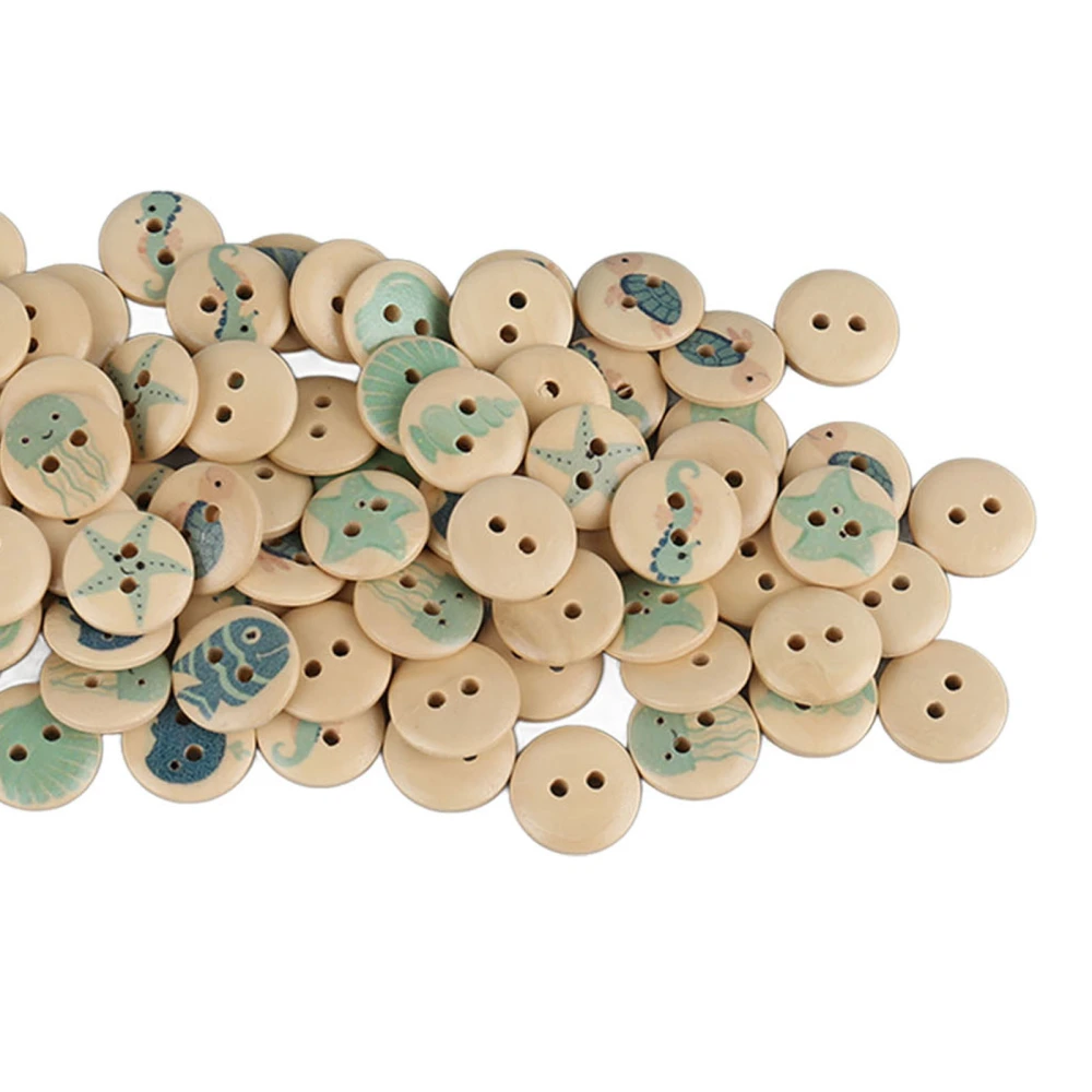 100pcs Mixed Printing Wooden Buttons 2 Holes Round Decorative Wooden Buttons for Sewing Craft Log Color Ocean