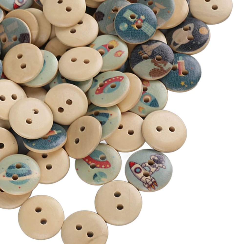 100pcs Mixed Printing Wooden Buttons 2 Holes Round Decorative Wooden Buttons for Sewing Craft Log Color Space