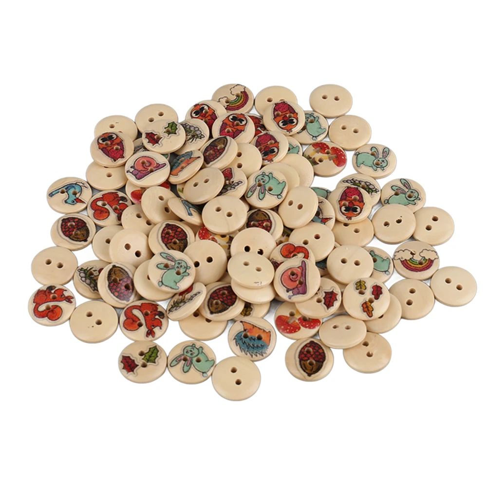 100pcs Mixed Printing Wooden Buttons 2 Holes Round Decorative Wooden Buttons for Sewing Craft Log Color Cartoon Forest Animals