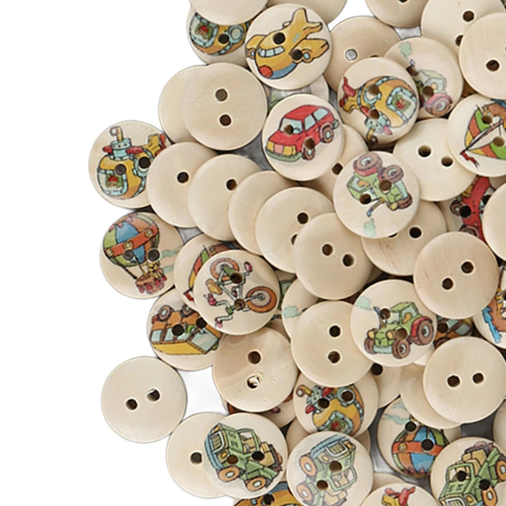 100pcs Mixed Printing Wooden Buttons 2 Holes Round Decorative Wooden Buttons for Sewing Craft Log Color Car