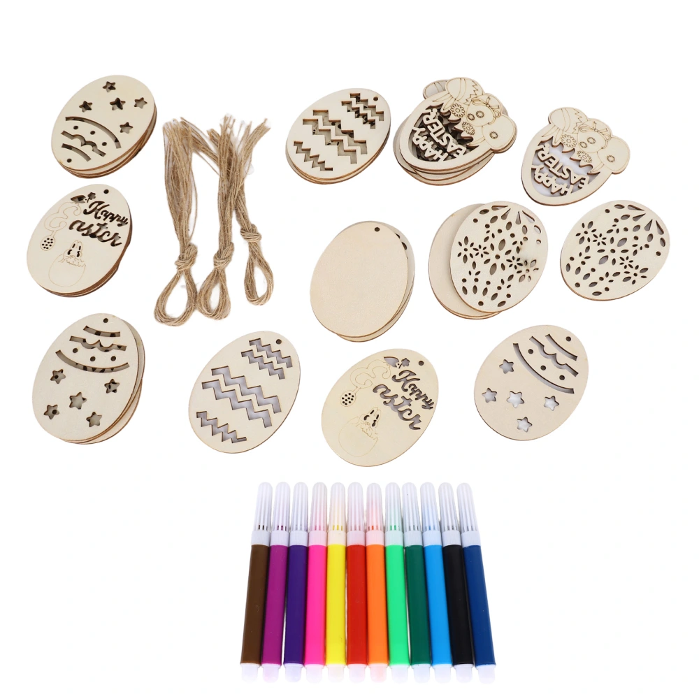 30pcs Easter Unfinished Wooden Ornaments Oval DIY Wooden Hanging Ornaments with 12 Paintbrush 30 Rope for Easter Party Craft 6 Types 5 Pieces Each (1 Set)