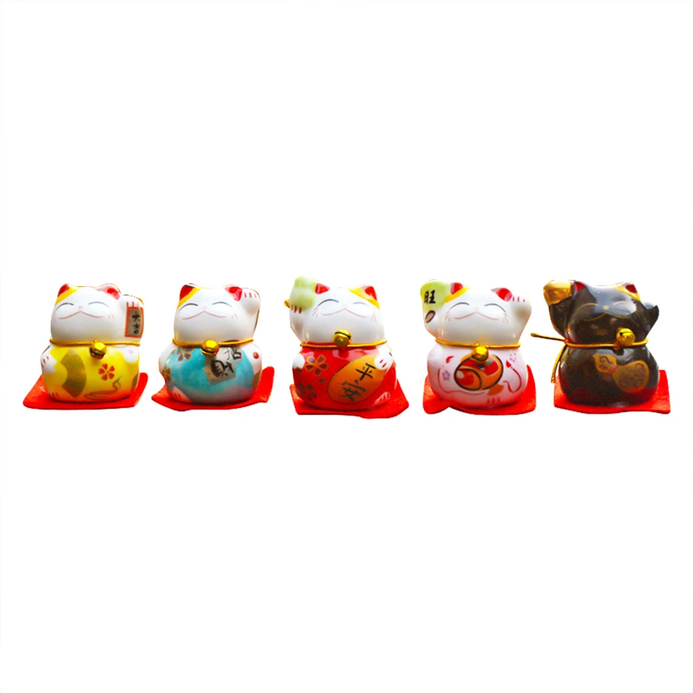 5Pcs Fortune Cat Figurines Small Cute Bright Colors Smoothing Lines Maneki Neko Figurines for Car Table Shelf