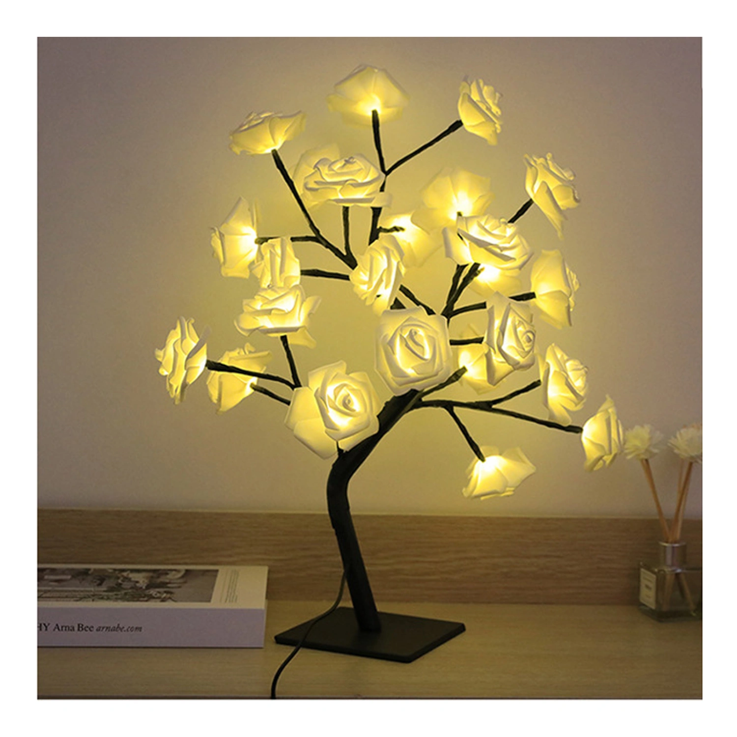 LED Tabletop Bonsai Tree Lamp USB Tree Lamp Christmas Bedroom Decoration Table Night Light White 24 Lights Rose