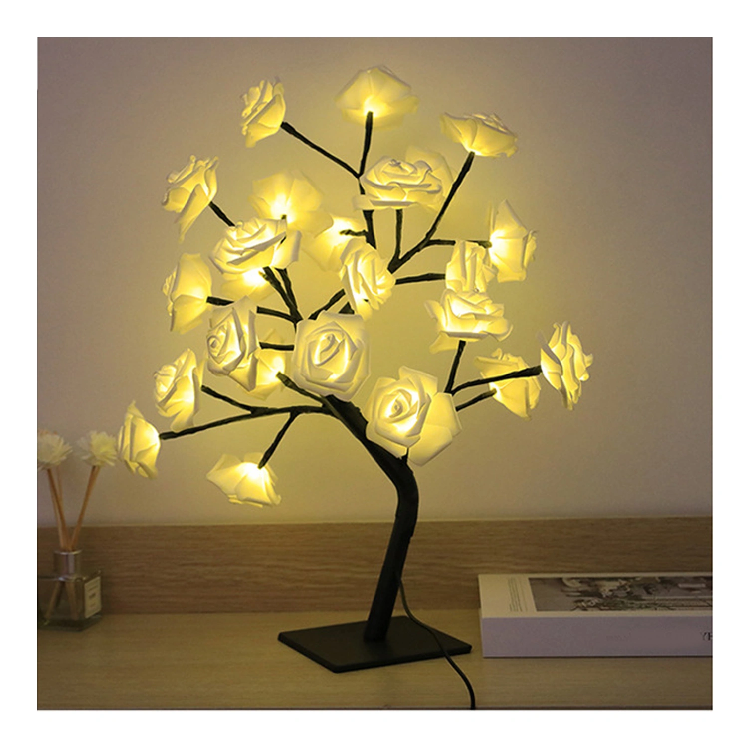 LED Tabletop Bonsai Tree Lamp USB Tree Lamp Christmas Bedroom Decoration Table Night Light White 24 Lights Rose