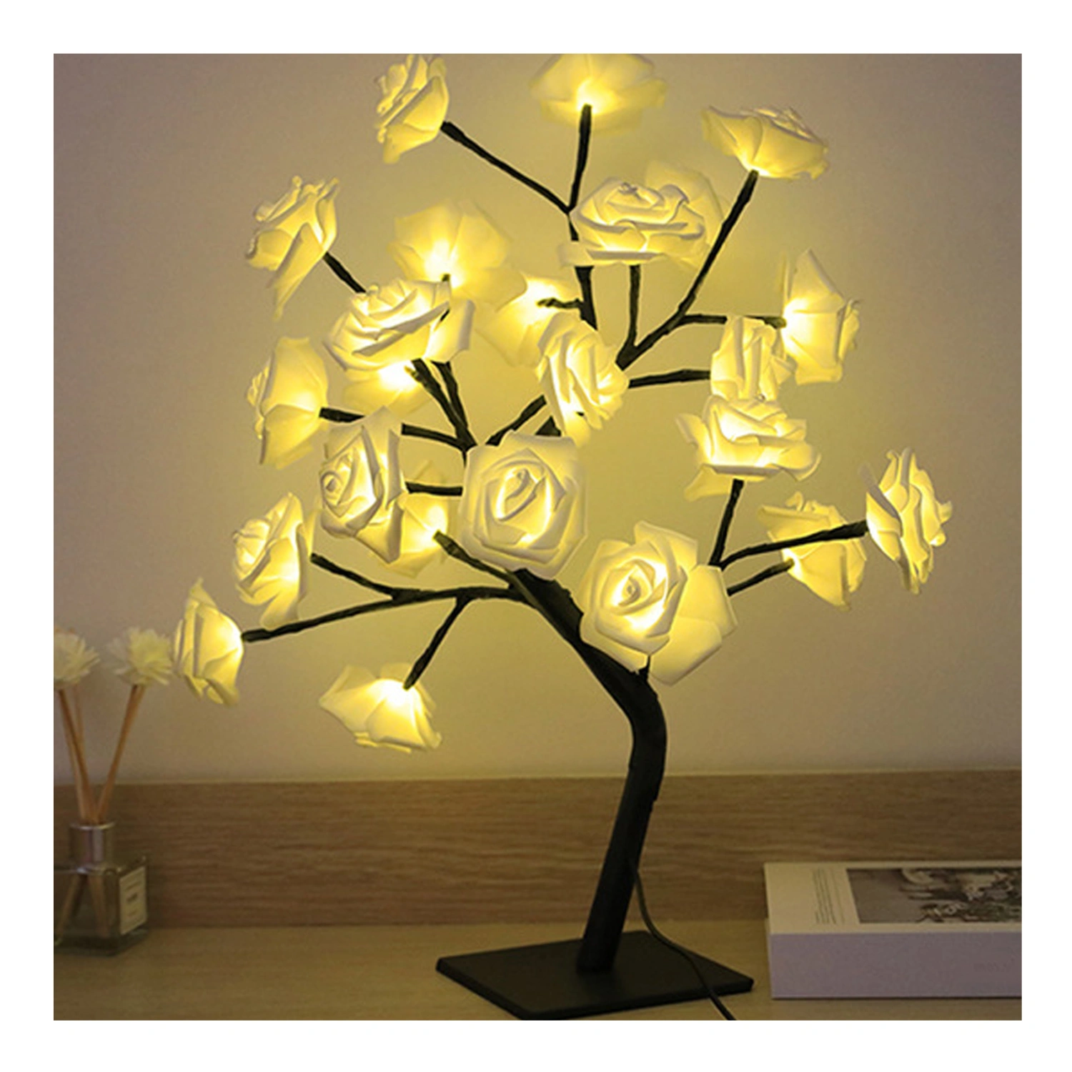 LED Tabletop Bonsai Tree Lamp USB Tree Lamp Christmas Bedroom Decoration Table Night Light White 24 Lights Rose