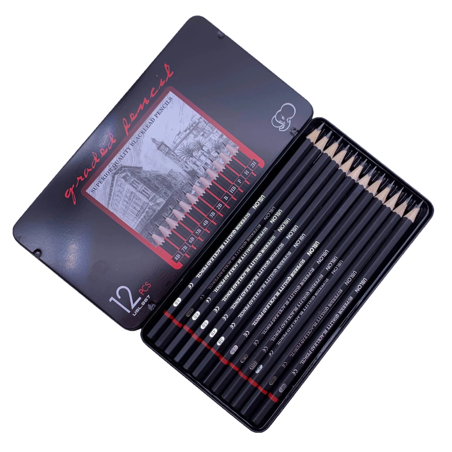 12pcs Drawing Pencil Set Safety Environmental Friendly Sketching Pencils Set Art Supplies Drawing Kit with Iron Box