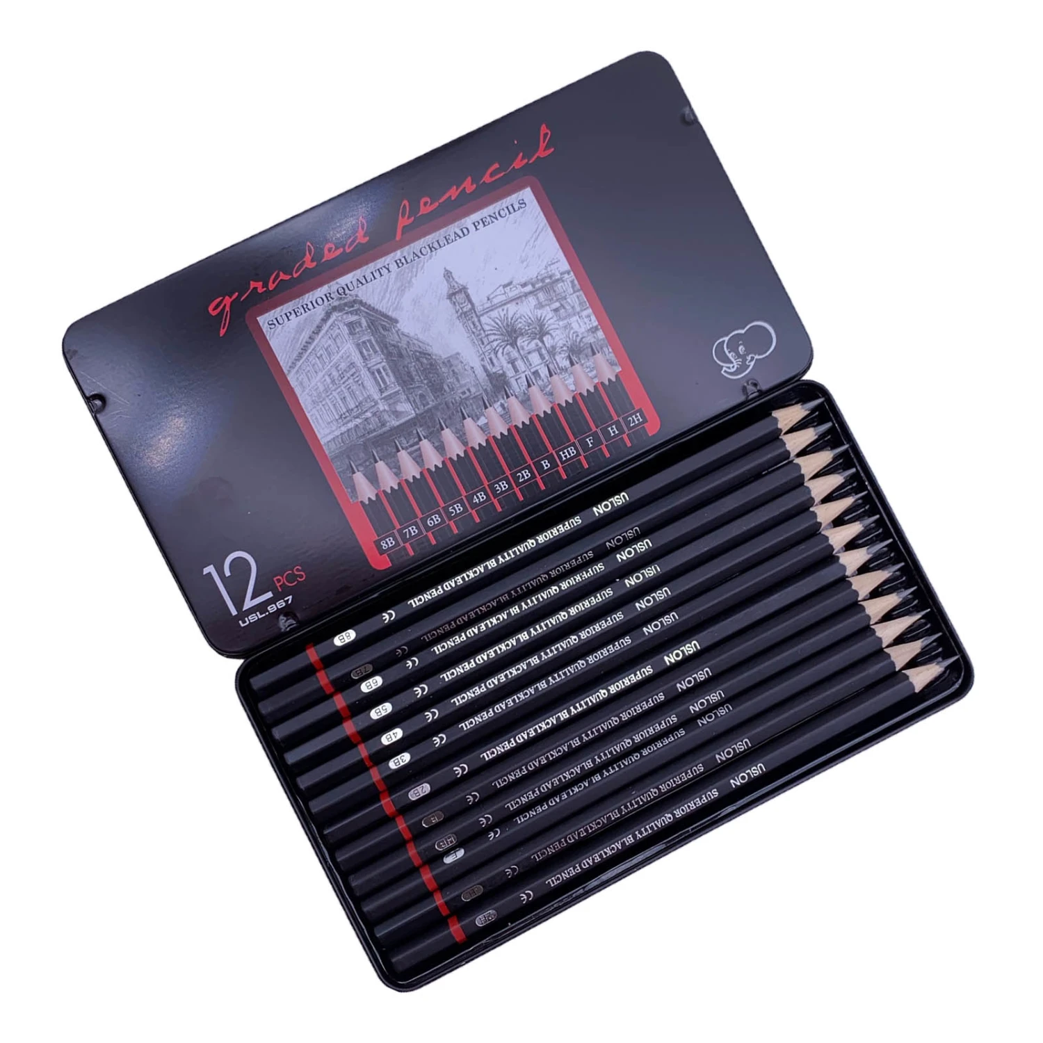 12pcs Drawing Pencil Set Safety Environmental Friendly Sketching Pencils Set Art Supplies Drawing Kit with Iron Box