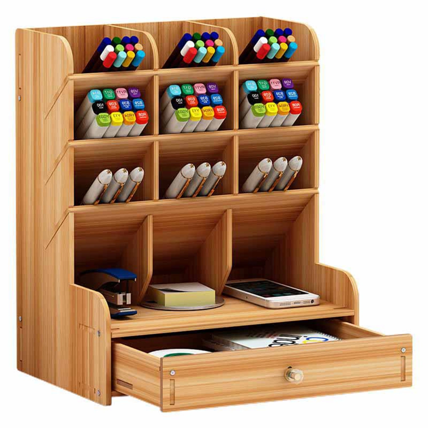 Pen Organizer Large Capacity Multiple Compartments Scientific Layout Marker Organizer for Office Dormitory Home Cherry Wood Color