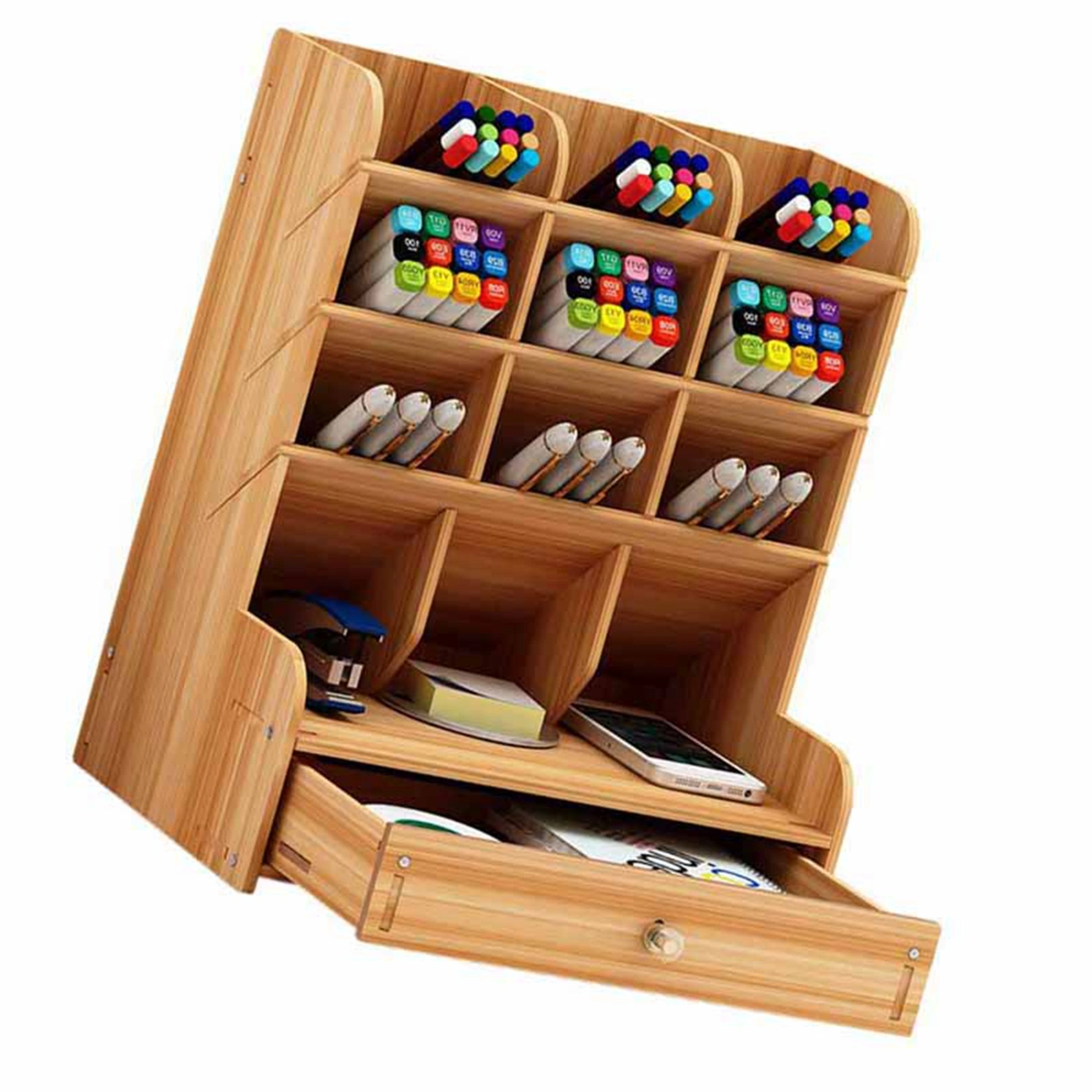 Pen Organizer Large Capacity Multiple Compartments Scientific Layout Marker Organizer for Office Dormitory Home Cherry Wood Color
