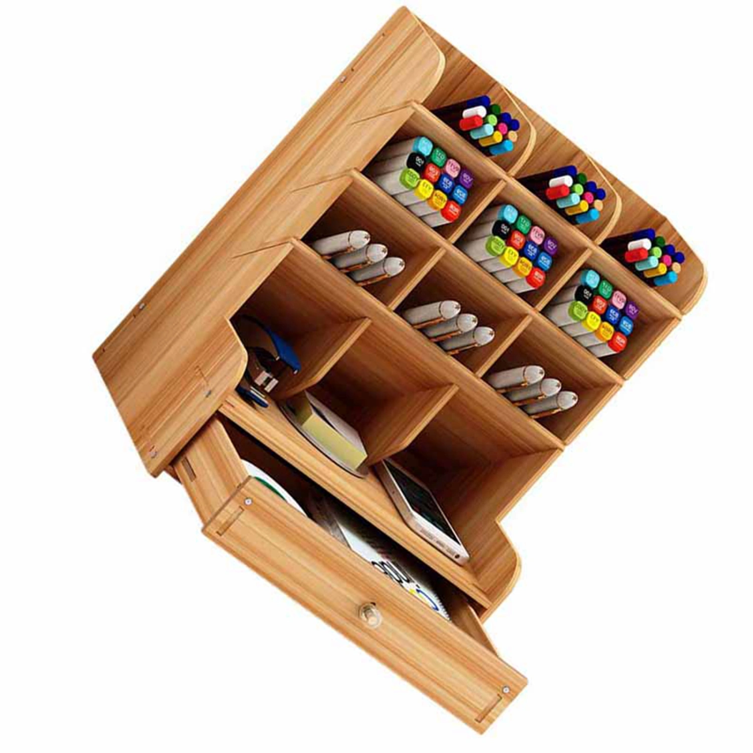 Pen Organizer Large Capacity Multiple Compartments Scientific Layout Marker Organizer for Office Dormitory Home Cherry Wood Color