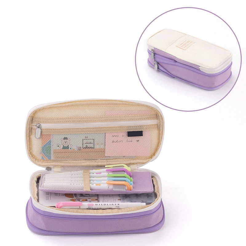 Pencil Pouch Large Capacity Color Splicing Double Layered Simple Style Zipper Design Pen Holder Bag for Student Purple