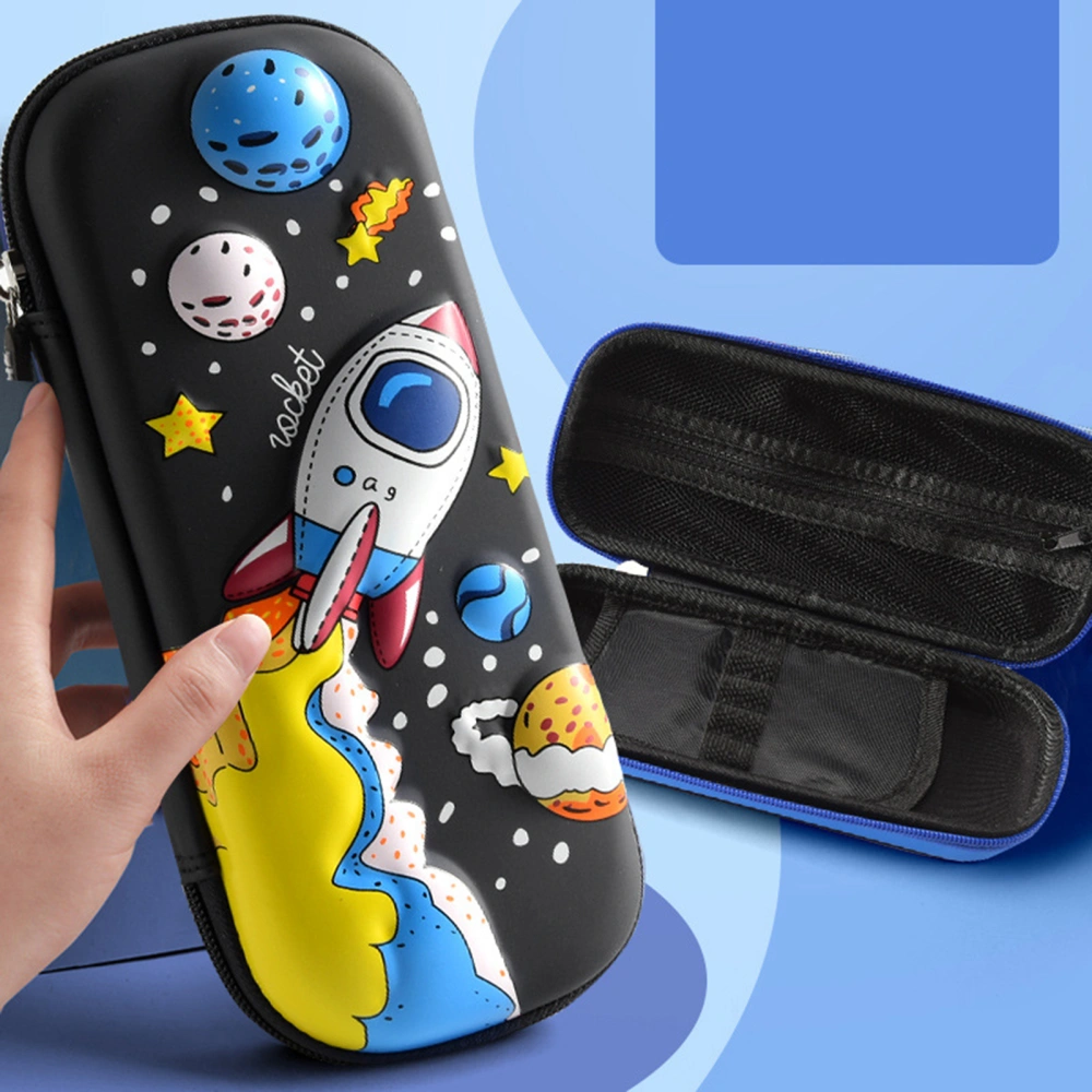 Cartoon Pencil Case EVA 2 Layer Learning Stationery Box Boys Girls 3D PU Leather Large Capacity Black Spaceship