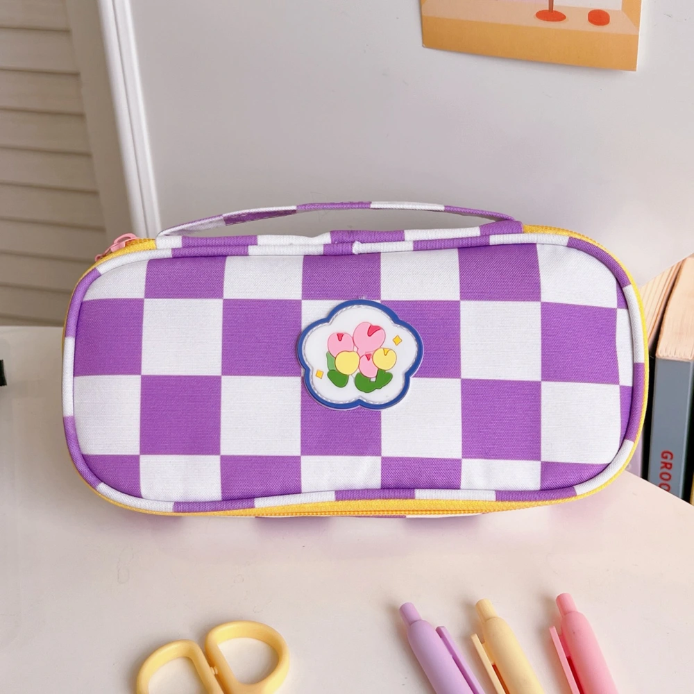 Pencil Case Cute Large Capacity Large Opening Multi Layer Classified Storage Student Stationery Box Pencil Pouch Purple White Grid Flower