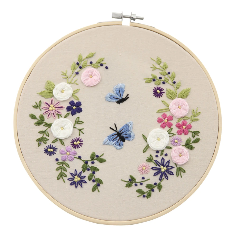 Embroidery Kit Floral Stamped Embroidery Set DIY Material Bag for Beginners Enthusiast Butterfly 20cm Bamboo Embroidery Frame