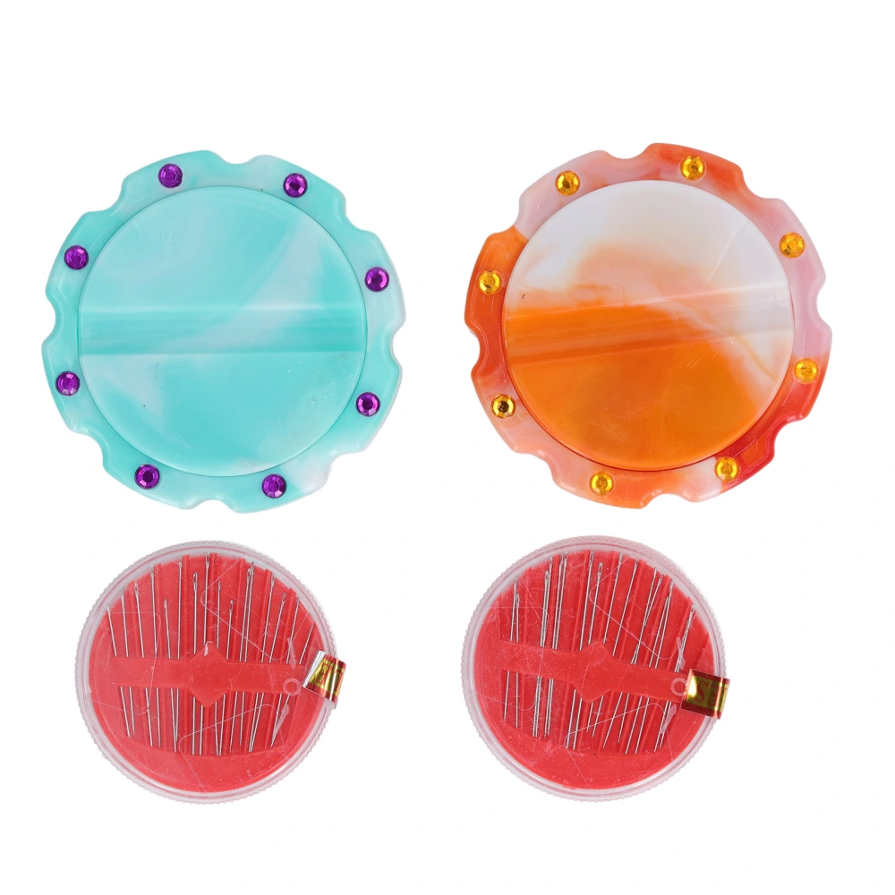 2 Pcs Cyan Yellow Portable Storage Disc Needle Sucker Round Plastic Magnetic Sewing Needle Holder with 32 Needle