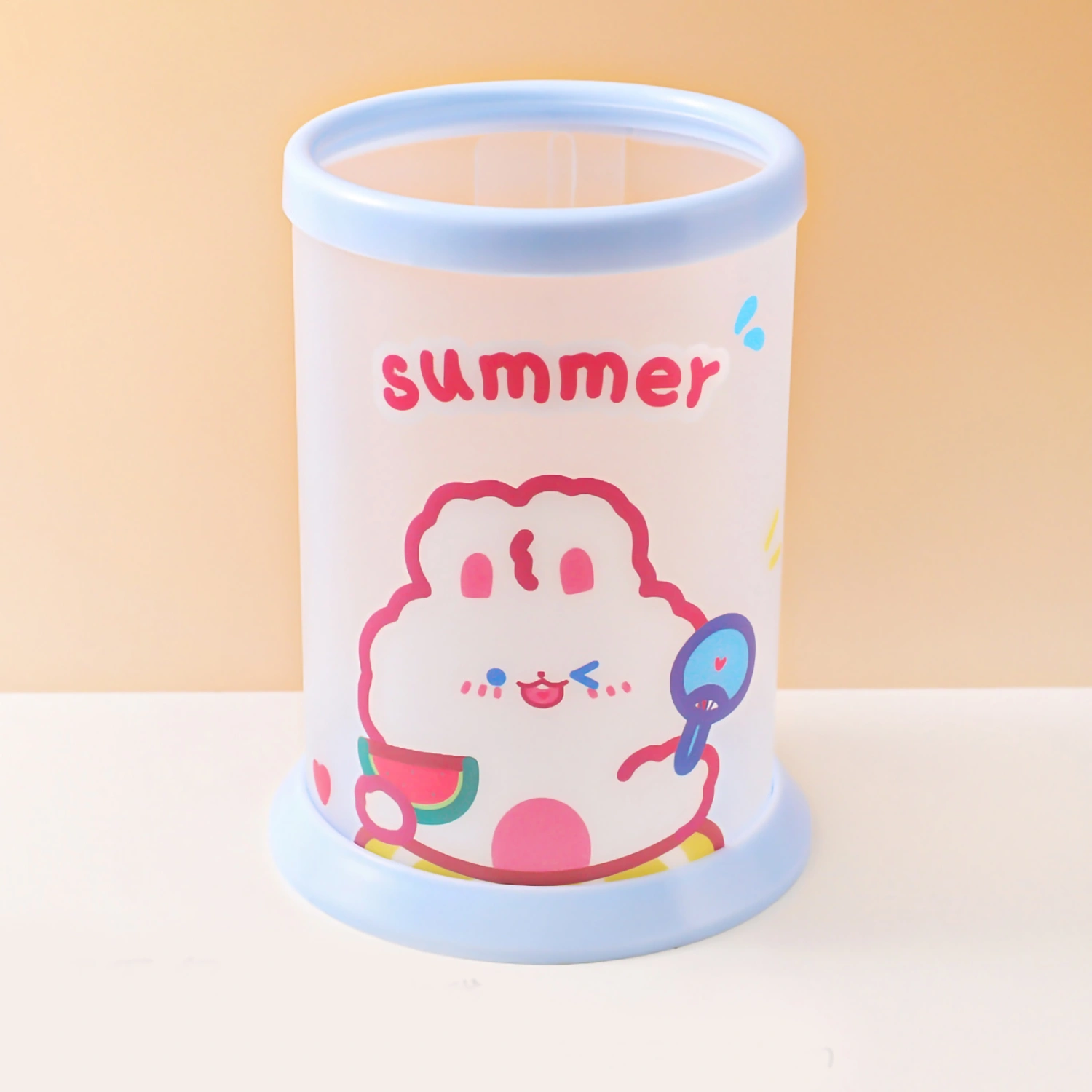 Folding Pen Holder Cute Cartoon Round Folding Pen Holder Student Office Desk Stationery Storage Box Summer Rabbit