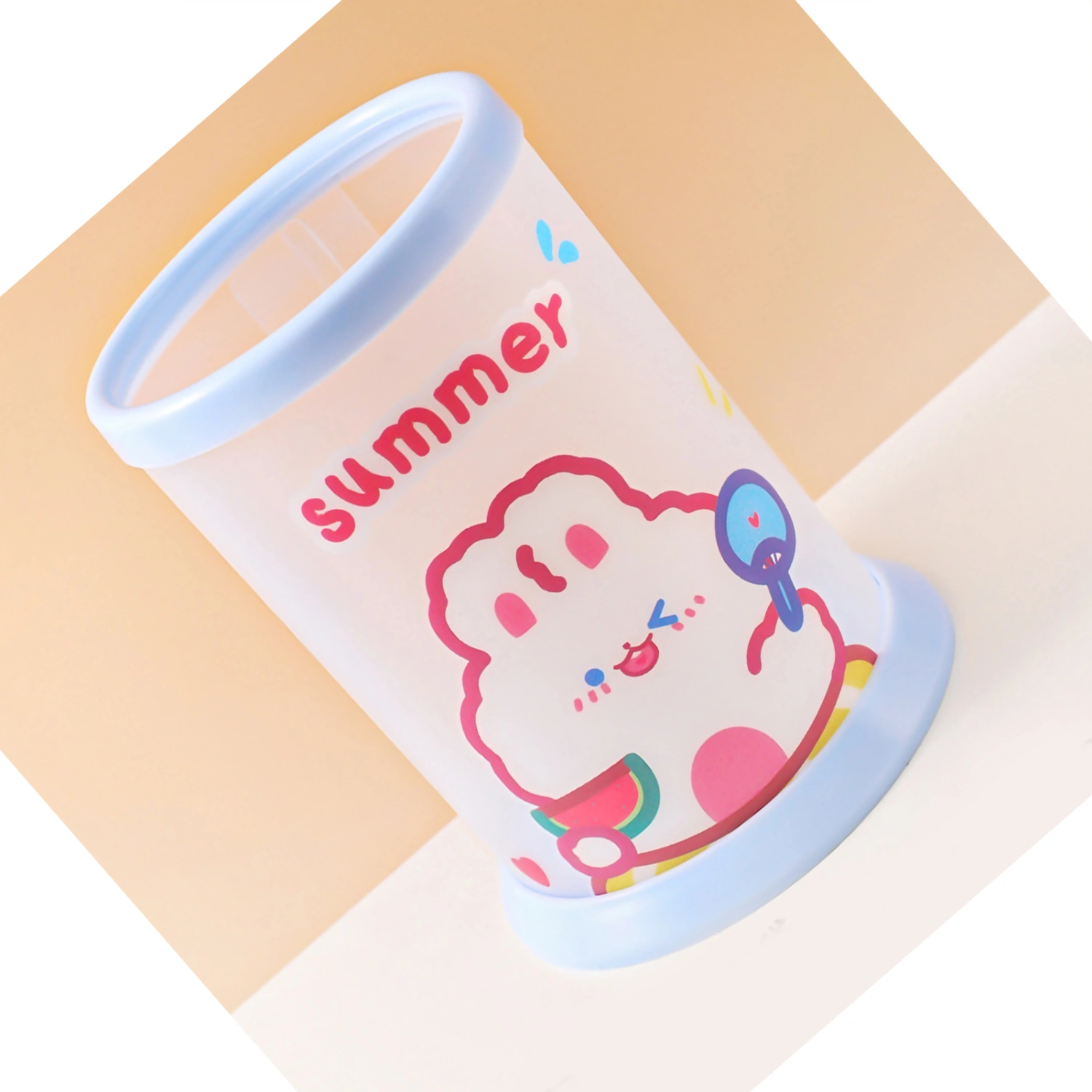 Folding Pen Holder Cute Cartoon Round Folding Pen Holder Student Office Desk Stationery Storage Box Summer Rabbit