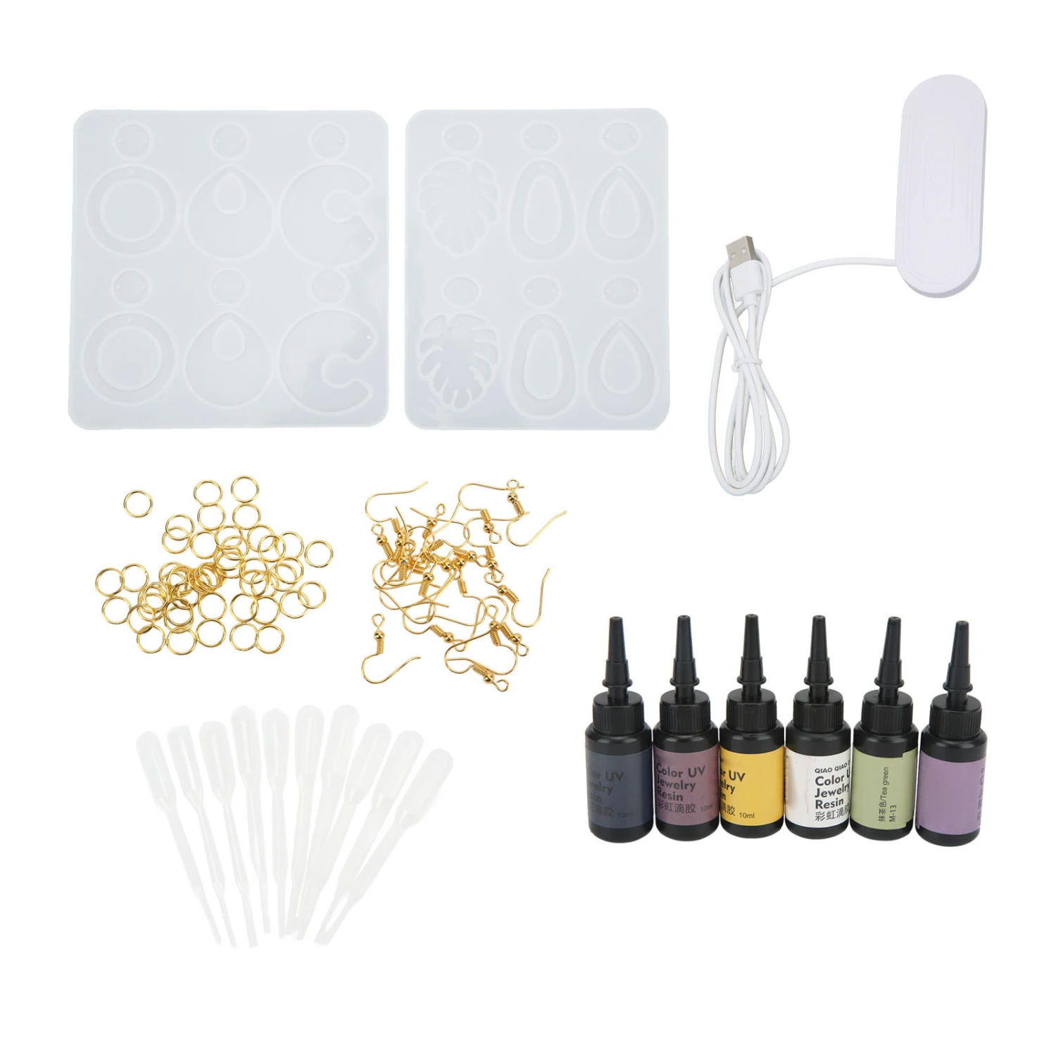 Resin Earring Mold Set with UV Lamp UV Glue Ear Hook Ring Earring Resin Molds for DIY Earrings Pendants Jewelry Making
