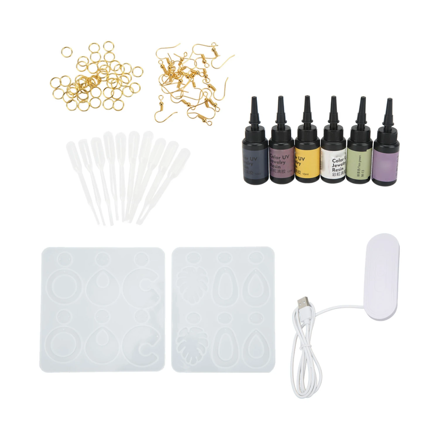 Resin Earring Mold Set with UV Lamp UV Glue Ear Hook Ring Earring Resin Molds for DIY Earrings Pendants Jewelry Making