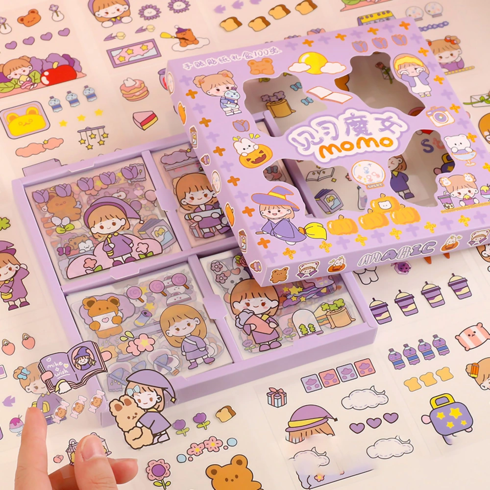 Notebook Sticker 100 Pieces Delicate Cute Cartoon Pattern DIY Boxed Stickers for Scrapbooking Diary Cards Crafts Purple Apprentice Witch(PET Waterproof)