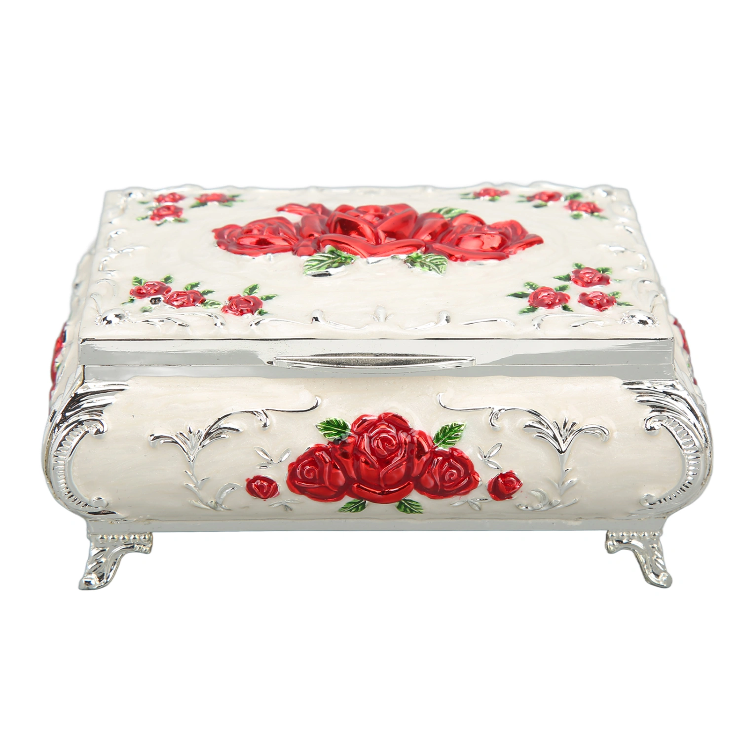 Vintage Jewelry Box Rectangular Vintage Metal Jewelry Storage Decoration Box Ladies Girls Gift BoxSilver White Red Rose