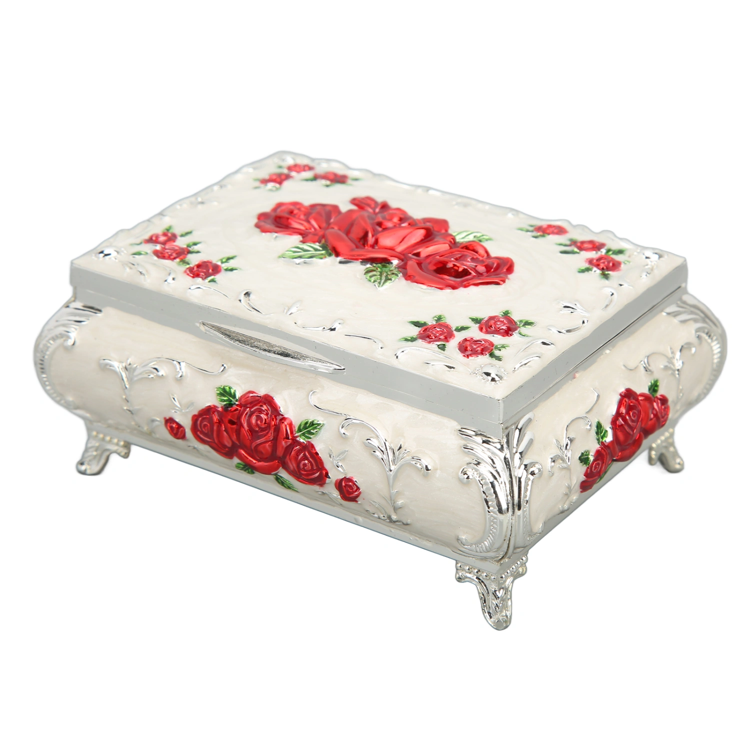 Vintage Jewelry Box Rectangular Vintage Metal Jewelry Storage Decoration Box Ladies Girls Gift BoxSilver White Red Rose