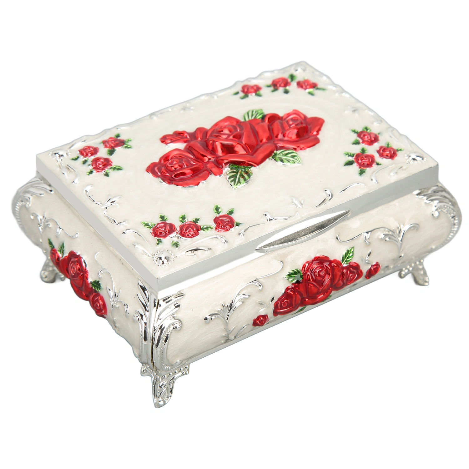 Vintage Jewelry Box Rectangular Vintage Metal Jewelry Storage Decoration Box Ladies Girls Gift BoxSilver White Red Rose