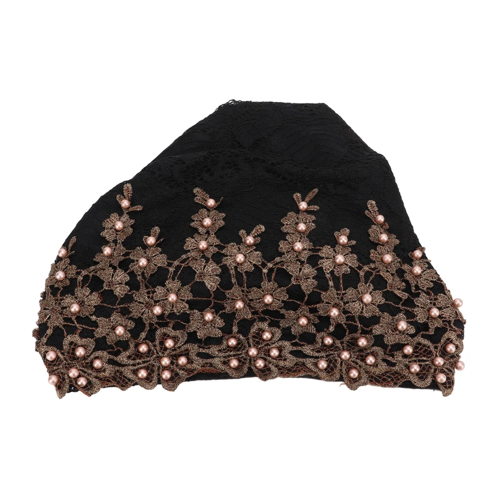 Turban Head Wraps Vintage Embroidered Soft Lace Material Beaded Fleece Hair Hat for Women Daily UseBlack