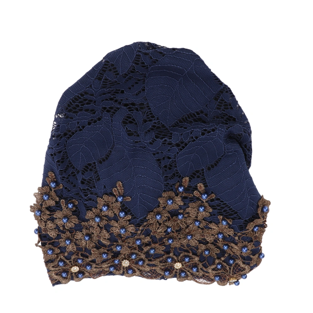 Muslim Turban Hat Vintage Embroidered Beading Design Soft Lightweight Stretch Head Wrap for Daily Use WorshipDark Blue