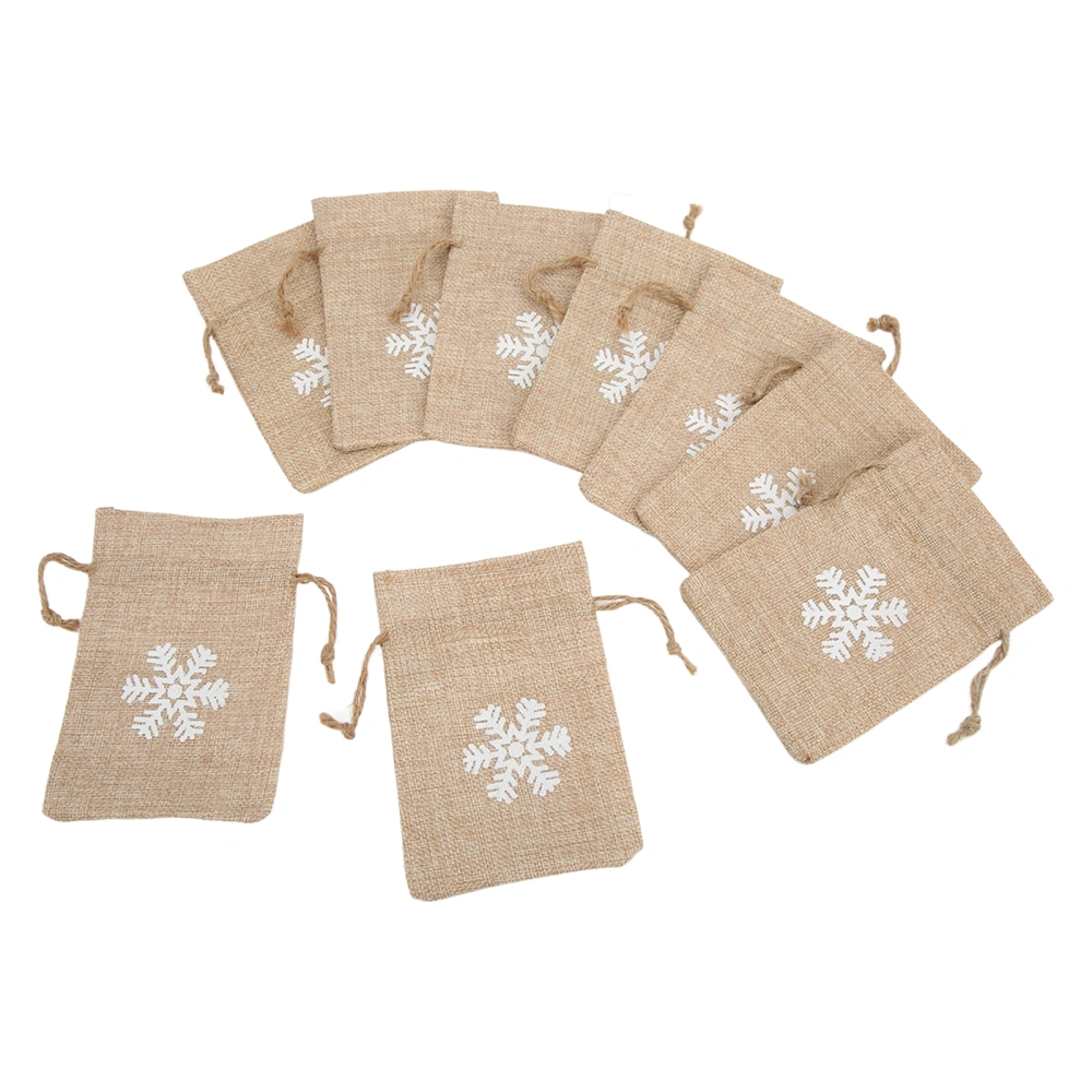 9Pcs Linen Gift Bag Retro Printed White Snowflakes Unique Drawstring Burlap Bags for Birthday Party Decoration