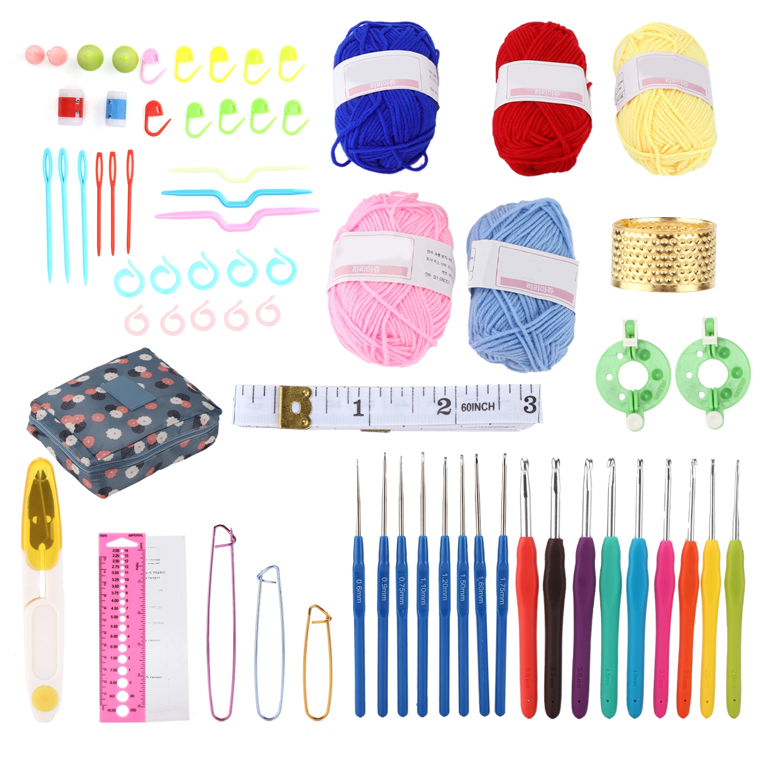 Knitting Kit DIY Blue Chrysanthemum Plastic Crochet Hooks Kit with Woolen Yarn Storage Bag for Beginner Craft