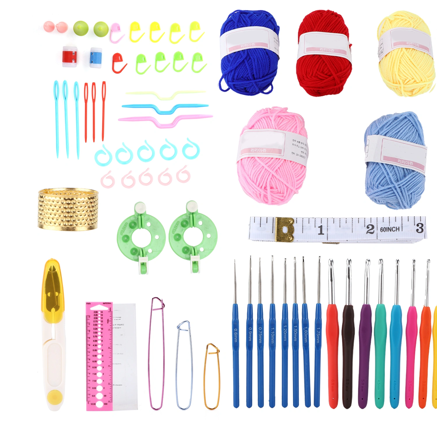 Knitting Kit DIY Blue Chrysanthemum Plastic Crochet Hooks Kit with Woolen Yarn Storage Bag for Beginner Craft