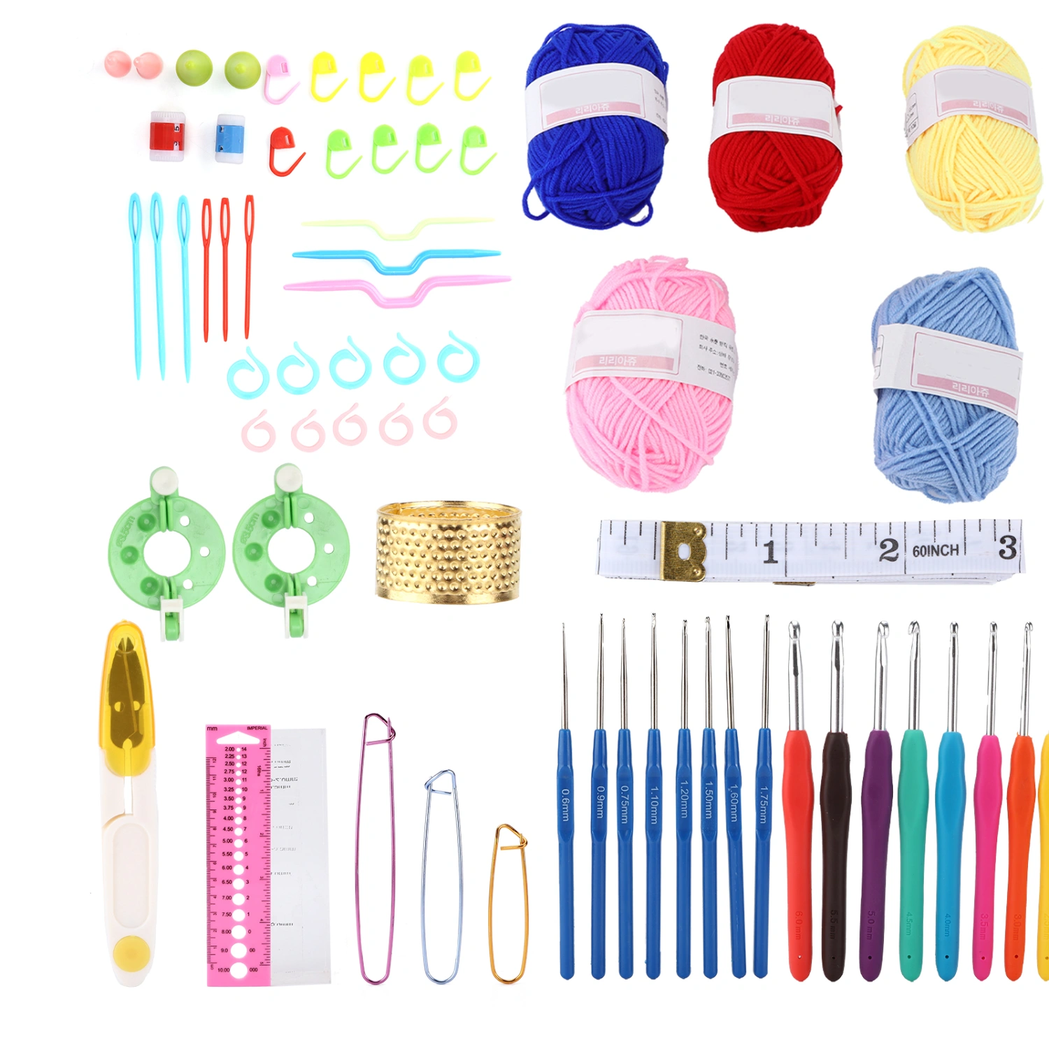 Knitting Kit DIY Blue Chrysanthemum Plastic Crochet Hooks Kit with Woolen Yarn Storage Bag for Beginner Craft