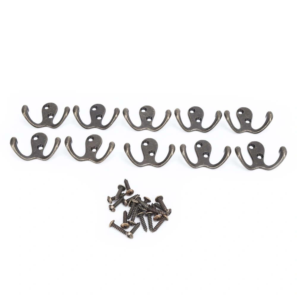 10Pcs Coat Hooks Small Double Prong AntiRust Sturdy Durable Convenient Wall Mounted Tiebacks for Coat Clothing Keys(Antique Brass Plating )